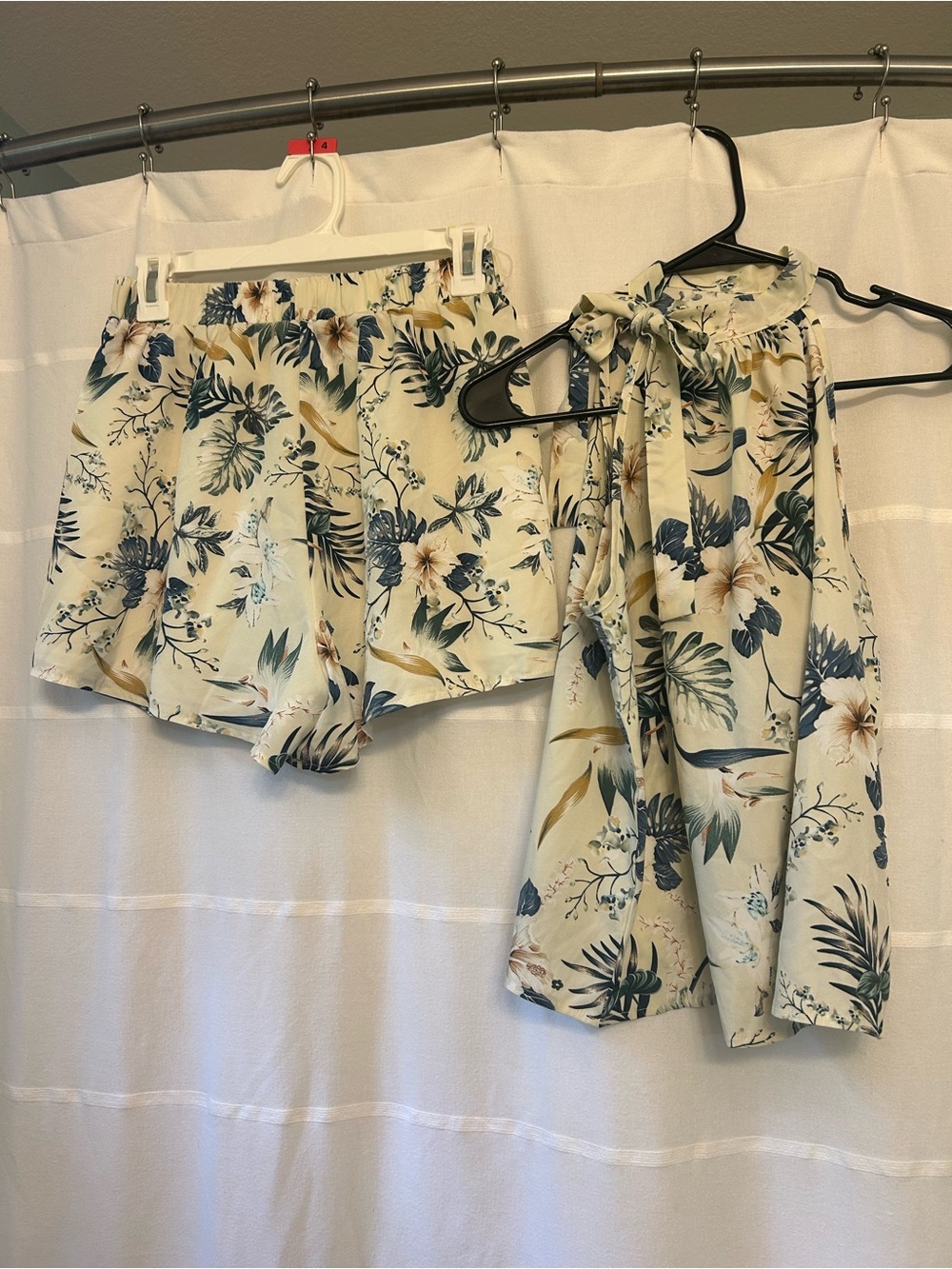SHEIN Cream Floral Tie-Neck Halter Top & High Waist Shorts Set